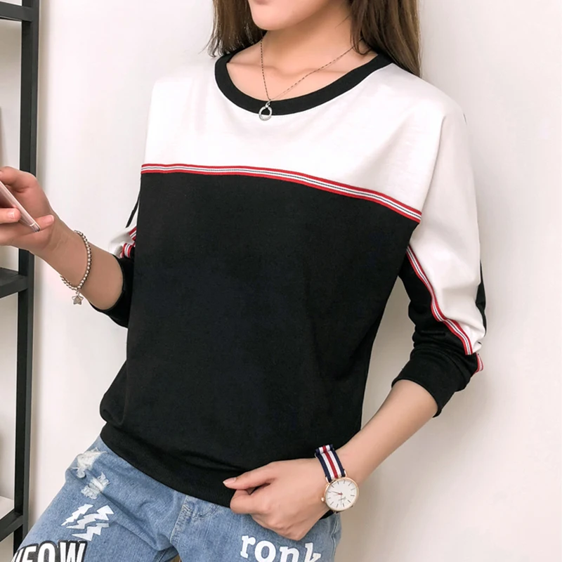 

Shintimes Tee Shirt Femme 2018 Autumn Korean Fashion Tops Patchwork Women T-Shirt Loose Plus Size Tshirts Cotton Tshirt Womens