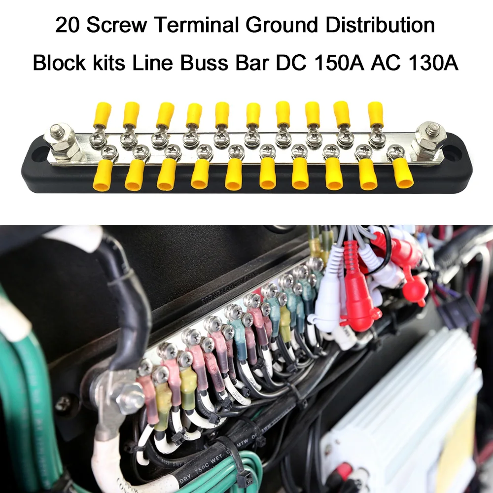 

20 Screw Terminal Ground Distribution Block kits Line Buss Bar DC 150A AC 130A Car Accessories
