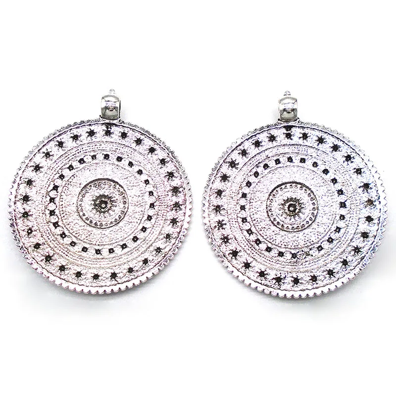 ZXZ 2 шт антикварные серебряные большие богемные кулоны в богемном стиле с круглым цветком для ожерелья, ювелирных изделий 76x64 мм