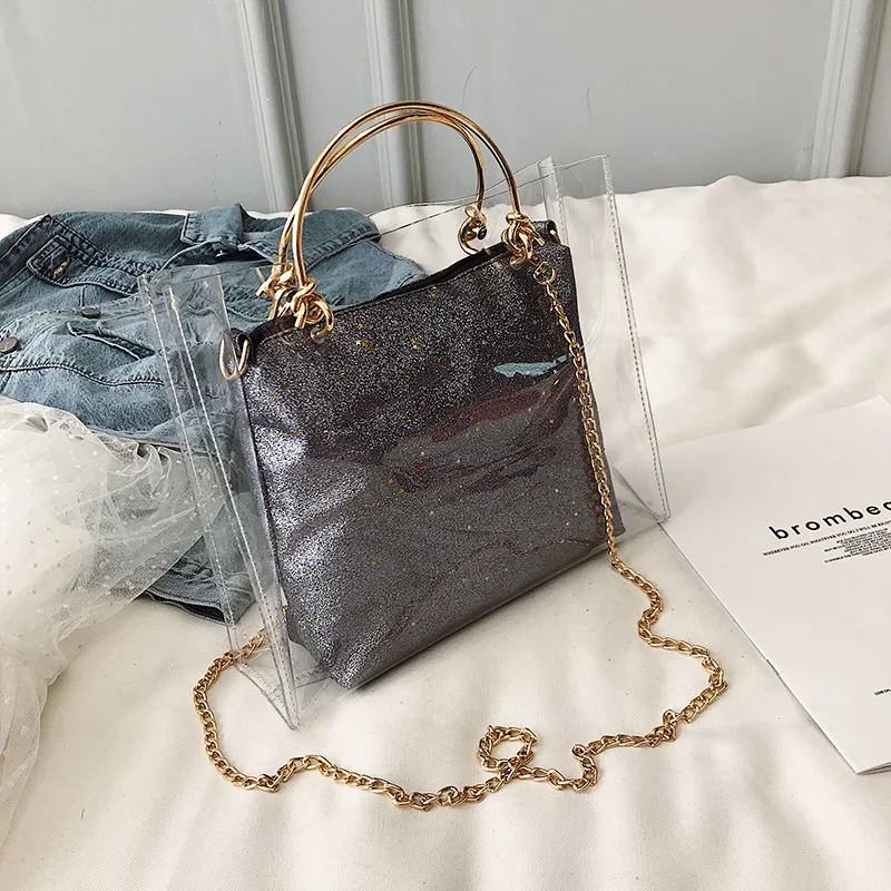 Лазерная прозрачная сумка, летняя модная новинка, качественная женская дизайнерская сумка из ПВХ, большая сумка-тоут на цепочке, сумки через плечо - Цвет: Transparent silver