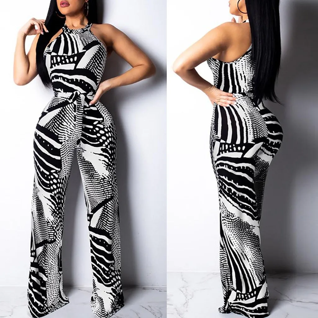 Back Halter snakeskin Print Jumpsuits Women's Sleeveless Suspender height waist Wide Legs Rompers party Bodycon sexy Trousers