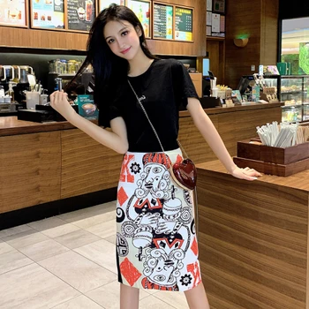 

Summer Set Short Sleeve Black Tops And Printing Skirts Women High Waist Slim 2 Piece Outfits Retro Ethnic Style Cartoon 2 Pc