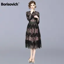Borisovich женское повседневное кружевное длинное платье бренд осень мода английский стиль выдалбливают Элегантные женские вечерние платья M950