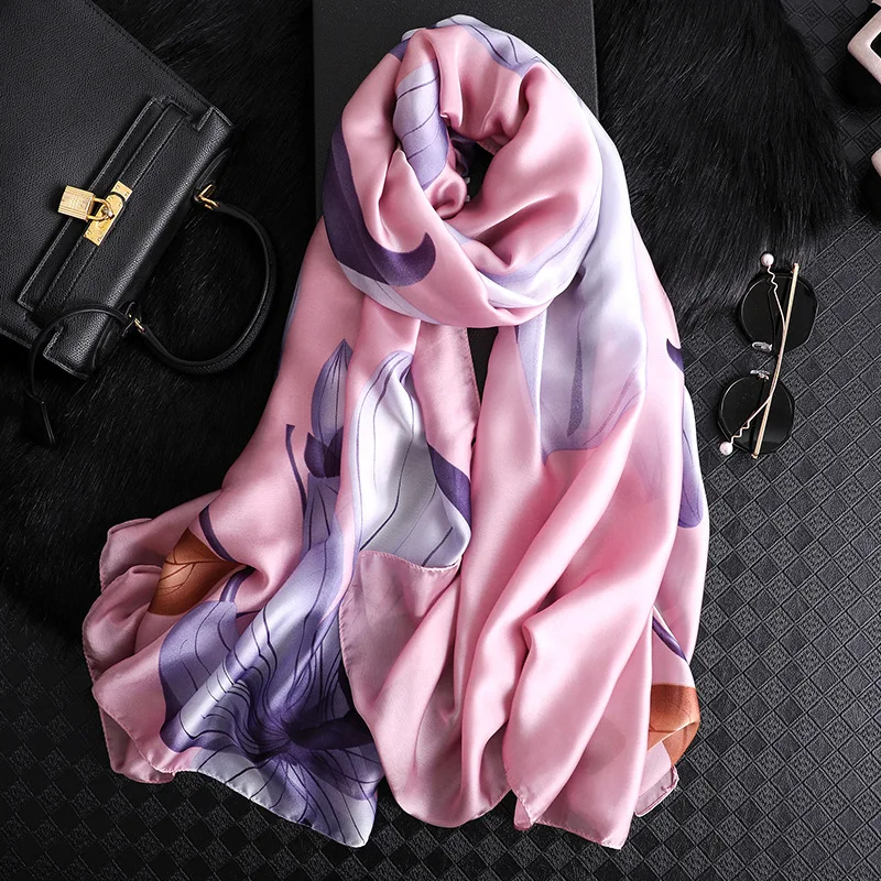 Новинка, весенне-летний шелковый шарф для женщин, Модный цветочный принт, шали и палантины, длинный тонкий платок, большой шарф из пашмины, зимние шарфы