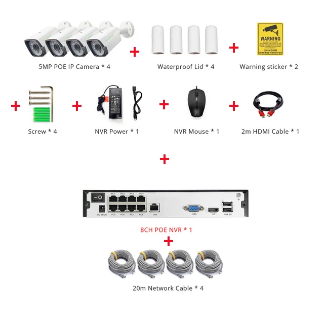 IMPORX 4 шт. супер HD 5MP беспроводные камеры безопасности для дома 8CH POE NVR комплект H.265 водонепроницаемая система видеонаблюдения CCTV Cam - Цвет: 8CH POE With Cable