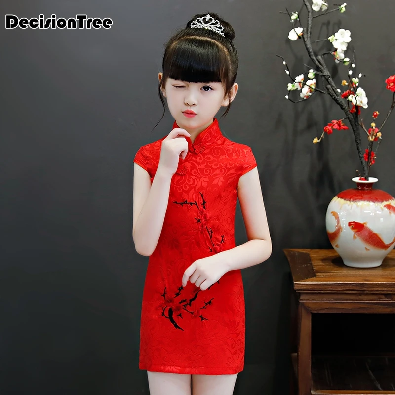 

2019 new chinese year costume traditional dress children girl guzheng dance modern satin cheongsam qipao robe chinoise
