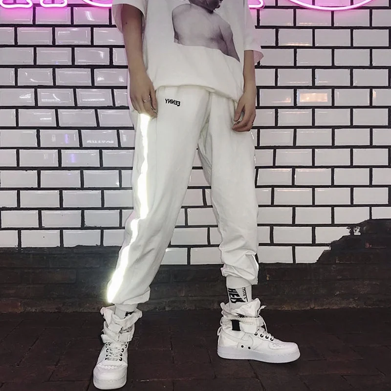 HOUZHOU 2019 New Reflective Pants Women Hip Hop Sweatpants Loose Side Striped Trousers Joggers Streetwear High Waist Female Punk HOUZHOU 2019 New Reflective Pants Women Hip Hop Sweatpants Loose Side Striped Trousers Joggers Streetwear High Waist Female Punk