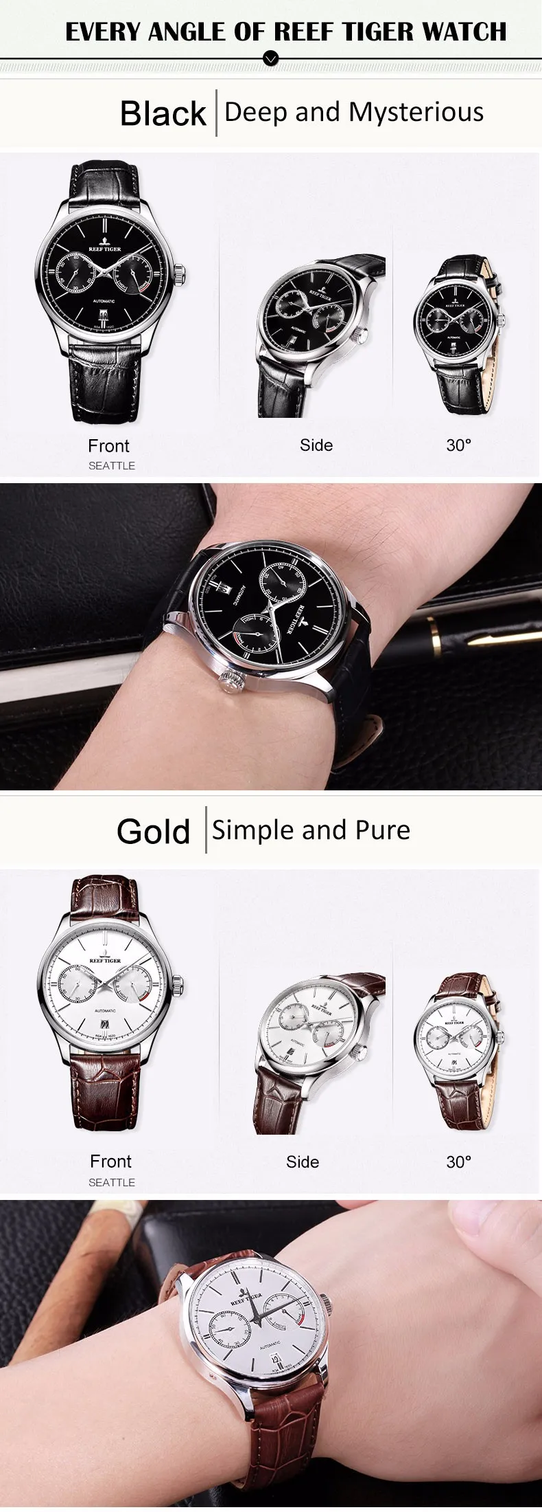 Reef Tiger/RT Elegant Business Mens Watches Perpetual Calendar Power Reserve Small Seconds Automatic Watches RGA1620