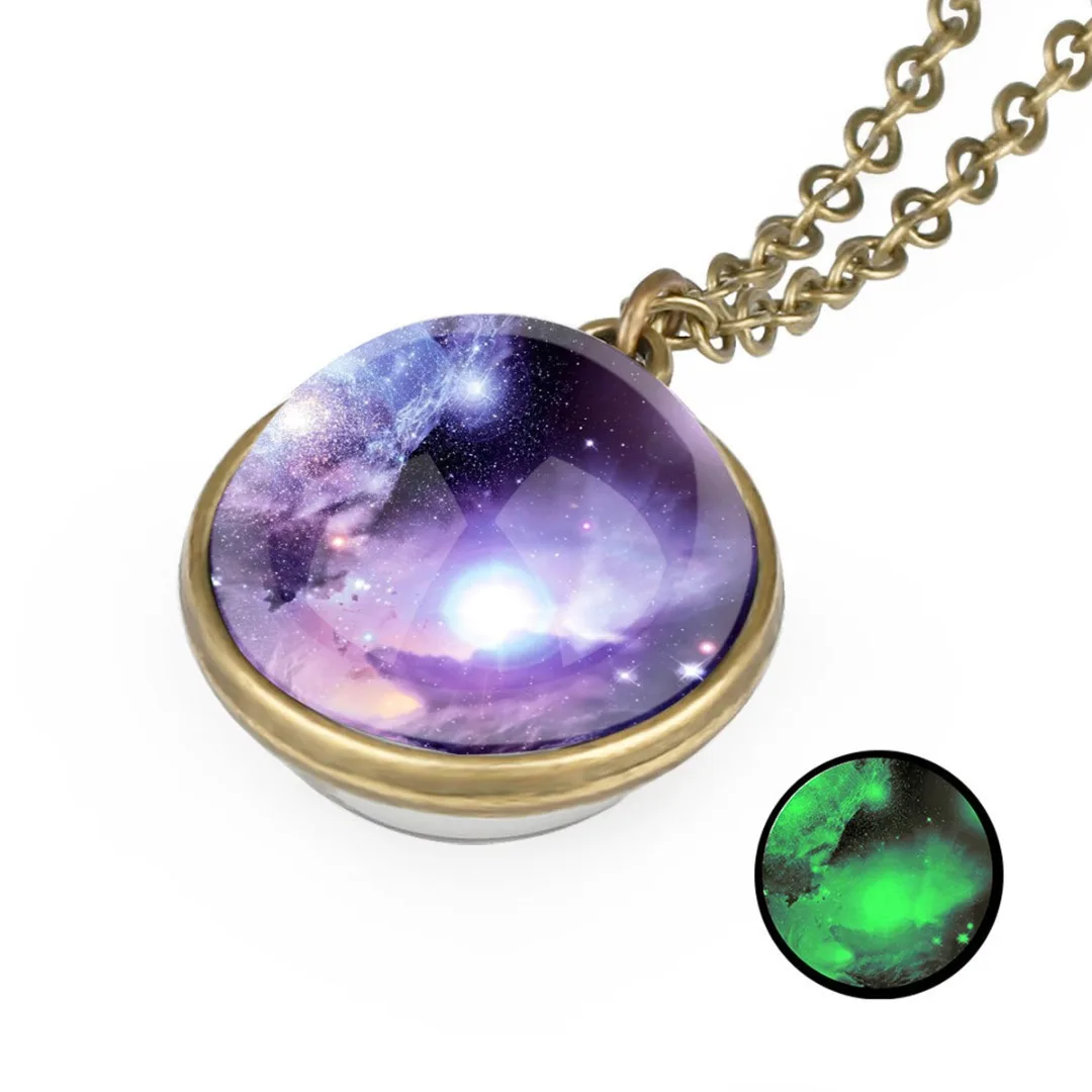 Glow In The Dark Long Chain Necklace Jewelry For Women Men Trendy Two Sides Glass Ball Universe Galaxy Nebula Space Necklace