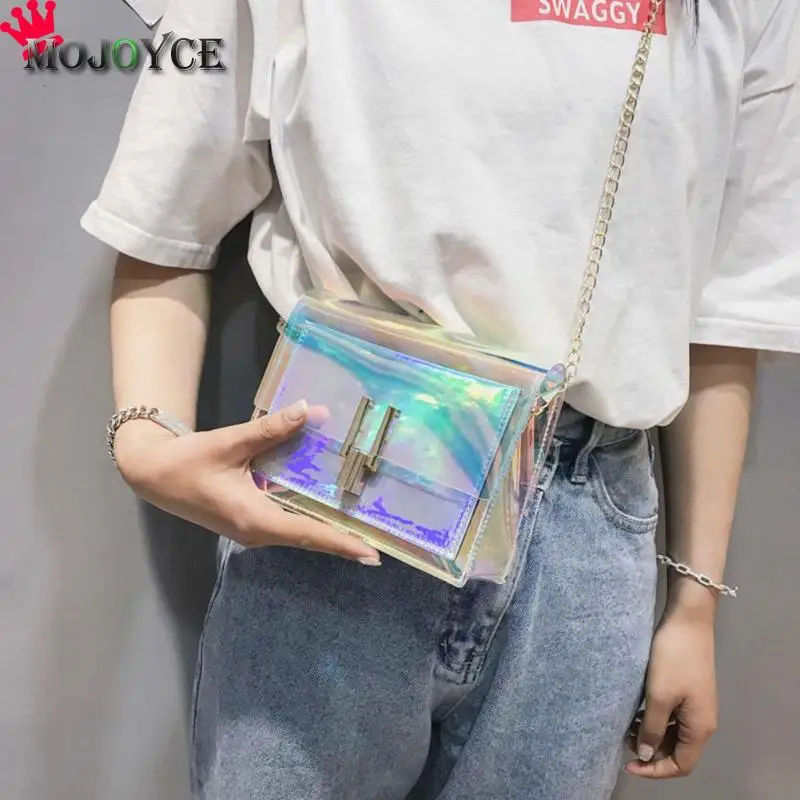 

2018 Women Laser Messenger Bag Ladies Holographic Shoulder Clutch Bag PVC Chain Crossbody Handbags Transparent Sac a Main Femme