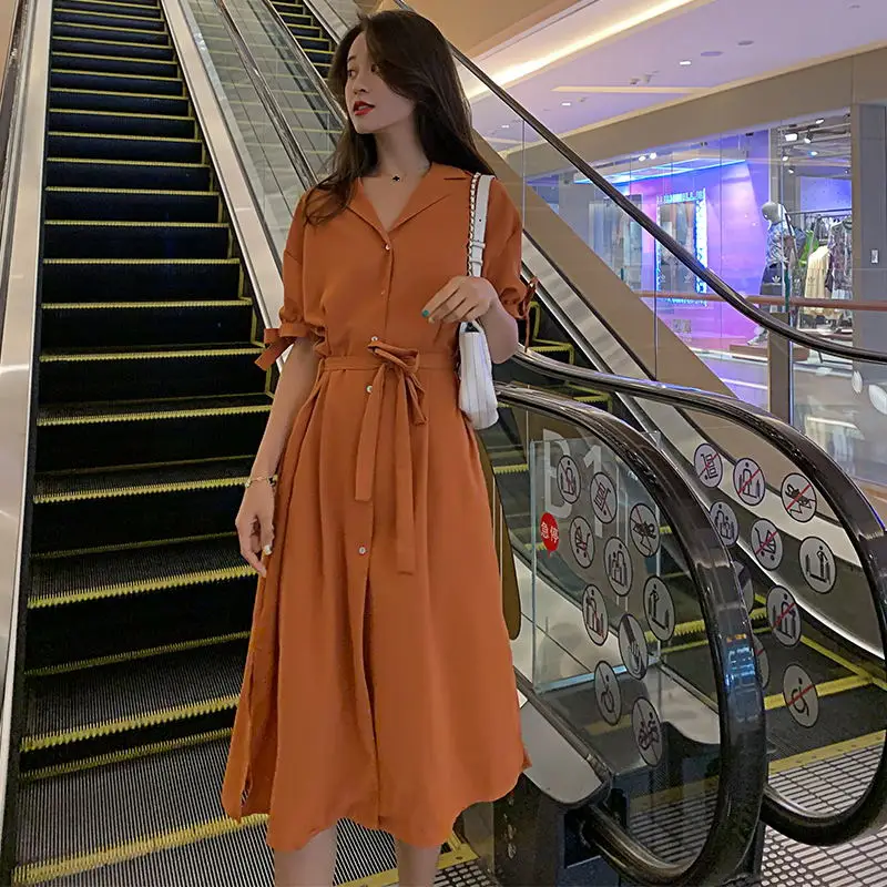 

2019 Summer Women Shirt Dresses Autumn Boho Casual Short Sleeve Solid Midi Flare Holiday Chiffion Dress Shirt For Women Female