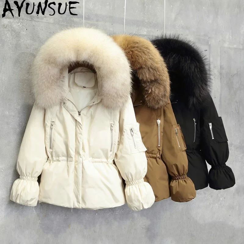 

AYUNSUE White Duck Down Jacket Woman Hooded Racoon Fur Collar Winter Coat Womens Down Jackets Brands Parka Chaqueta Mujer KJ493