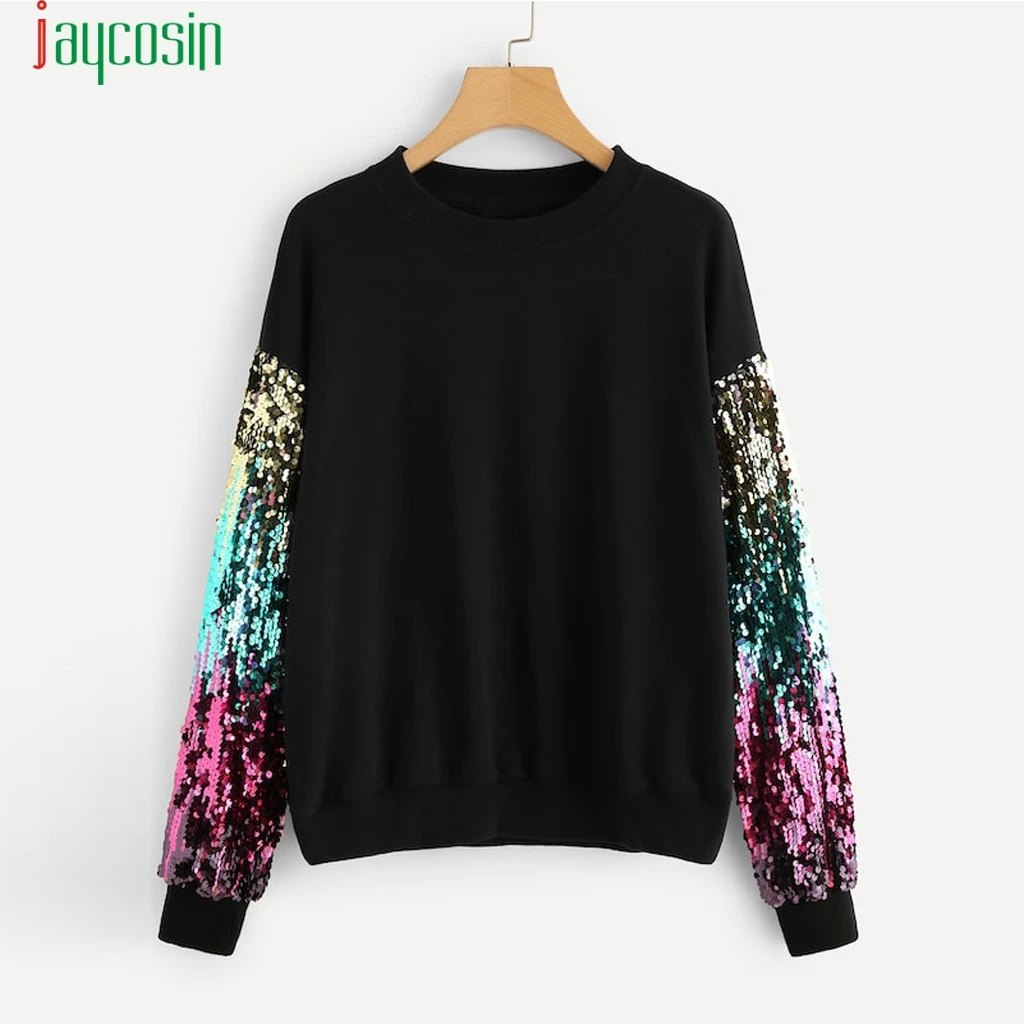 

JAYCOSIN Women RE sequins Sweatshirt 2019 Fashion O-Neck Hoodies Pullover Sweatshirts Fleece Thick Knit Sweatshirt Female