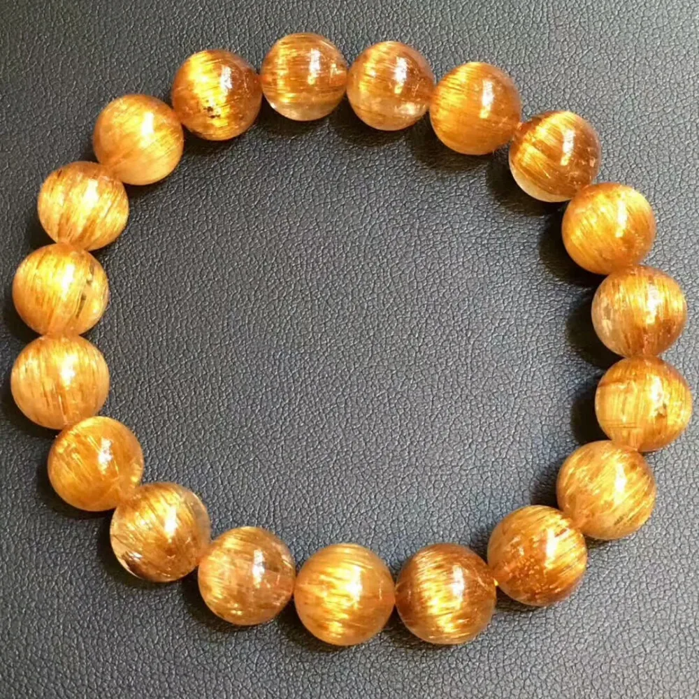 10mm Certificate Natural Copper Rutilated Quartz Crystal Round Beads Bracelet Cat Eye Effect