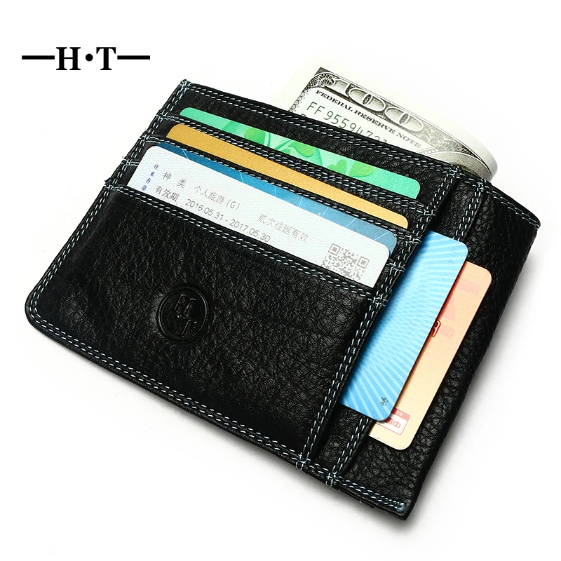 

HT Luxury Real Genuine Cow Leather Men Slim Minimalist Wallet Mini ID Credit Card Holder Man Small Case Bag Money Purse Pocket