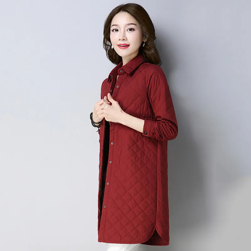 Осенняя Женская тонкая стеганая средняя длинная рубашка-стильное хлопковое пальто 2018 зимняя Корейская свободная теплая хлопковая