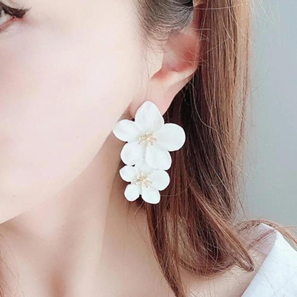 

Sweet Women Solid Color Dual Flower Long Dangle Stud Earrings Party Jewelry New