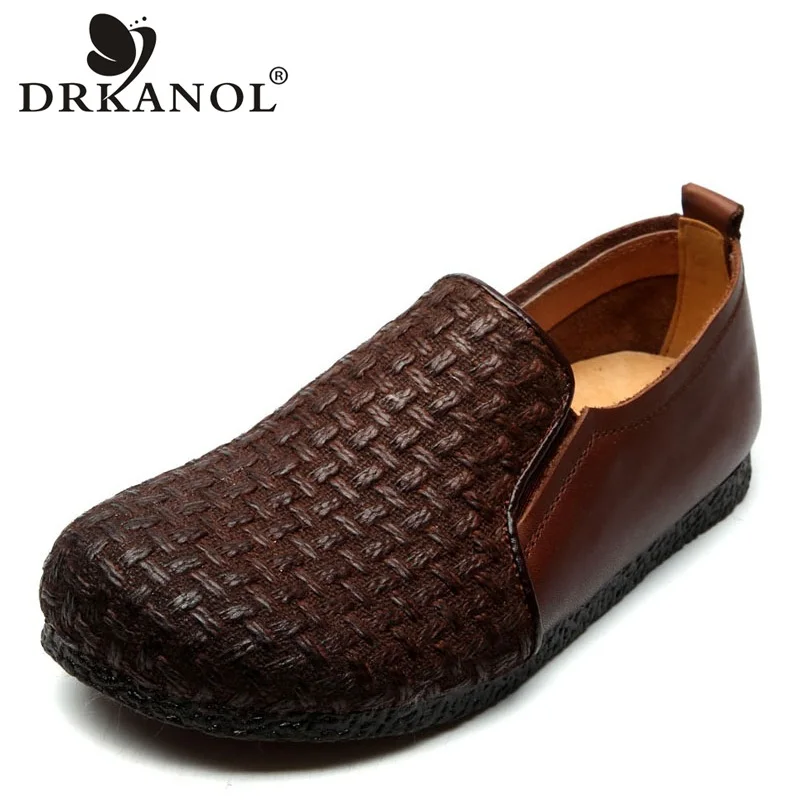 

DRKANOL 2019 Spring Handmade Retro Women Flats Shoes Round Toe Genuine Leather Slip On Loafers Women Casual Flat Shoes Footwear
