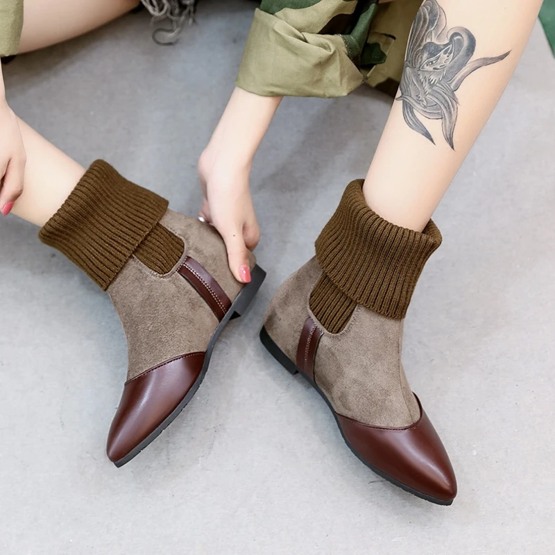 Chelsea boots suede& PU leather patchwork ankle boot pointed toe sock
