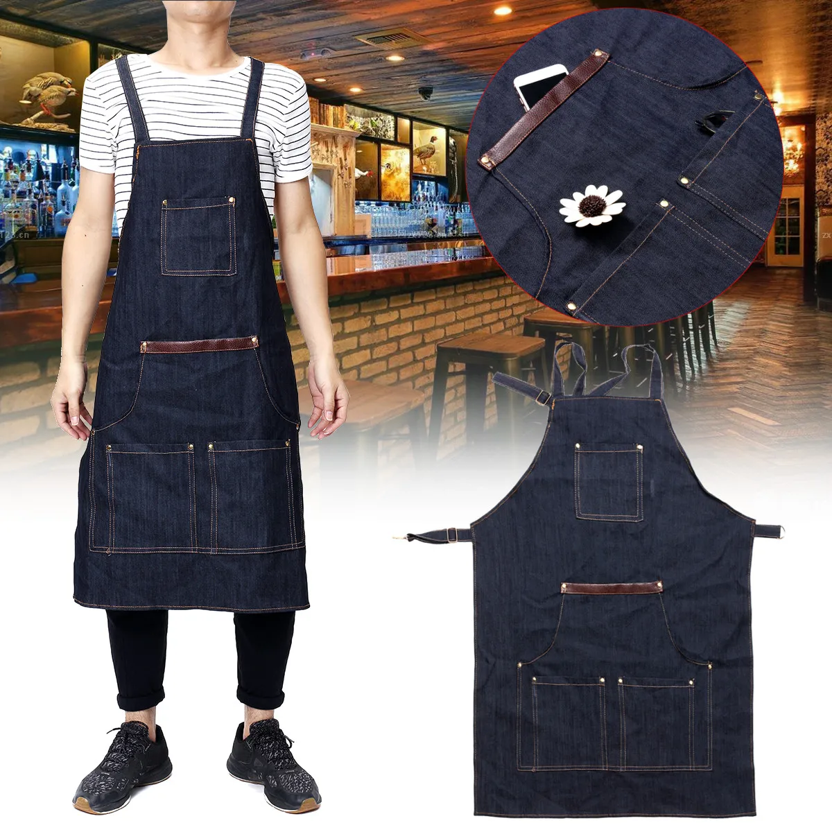 Темно-синий джинсовый фартук с большими карманами для кафе магазина кухни западный ресторан нагрудник для рисования Униформа унисекс чистящий фартук джинсы