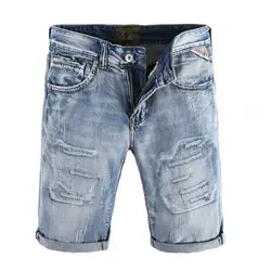 Летние модные мужские короткие джинсы голубой цвет уничтожены с заплатками, рваная джинсы hombre Джинсовые шорты уличной хип-хоп джинсовые