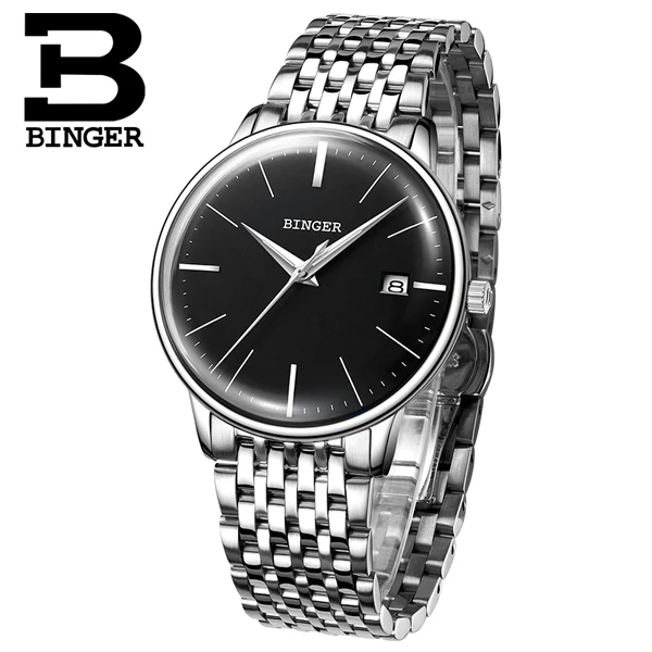 Switzerland BINGER 8 мм ультра-тонкие автоматические механические часы мужские брендовые Роскошные мужские часы сапфировые наручные часы мужские водонепроницаемые - Цвет: steel Silver Black