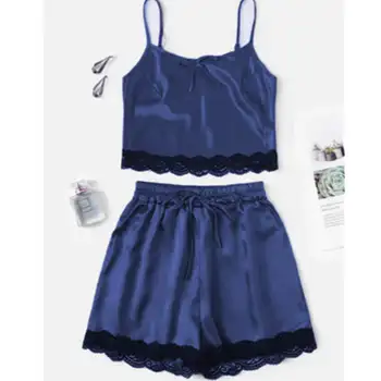 

Sexy Women Satin Lace Solid Color Summer Hot Female Sleepwear Babydoll Lingerie Nightwear Shorts Pajama 2Pcs