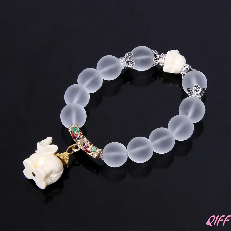 

Milky Crystal Quartz Healing Power Bead Boho Elephant Matte Clear Bracelet Women