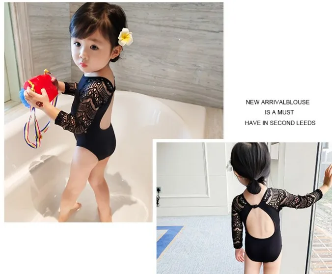 Слитный купальник для маленьких девочек, черный купальный костюм для детей, купальник-бикини с длинными рукавами и кружевом для дочки