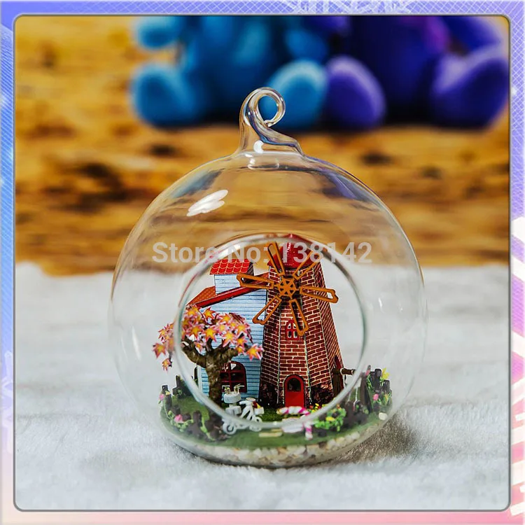G014 DIY Кукольный дом со стеклянными круглыми шарами деревянный кукольный домик с Рождественские огни миниатюры подарки Голландская мельница
