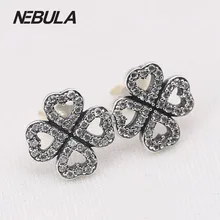 925 Sólido Plata Esterlina Pavimenta CZ Pendientes de Cuatro Hojas Lucky Clover Stud Pendientes Compatible con Pandora Joyas Originales
