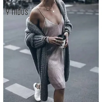 

Women Cardigan Female Casual Warm Winter Jersey Cardigans Long Bell Sleeve Knit V-Neck Block Open Front Loose Sweater Plus Size