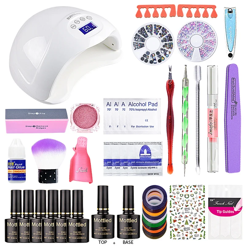 

36/72/52W led lamp timer nail dryer 6 colors uv gel polish nail kit set uv gel polish manicure tools set sticker remover file
