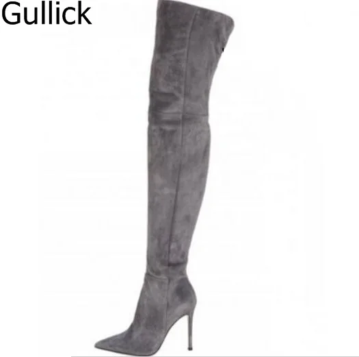 

Hottest Selling Black Grew Red Suede Leather Pointed Toe Over The Knee Winter Warm Long Women Zipper Booties Free Shipping Boot