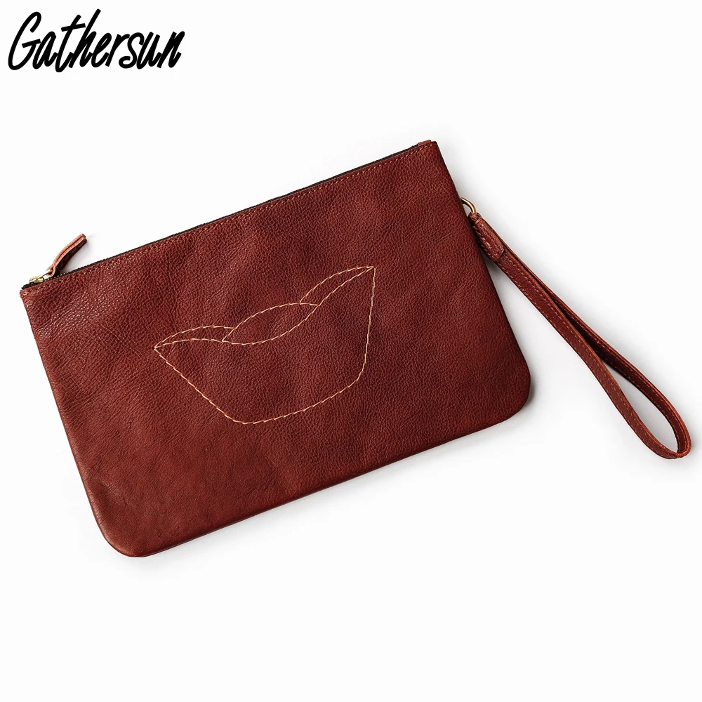 

2019 New Leather Clutch Bag for Men Hand-stitched Gold Ingot Pattern Handbag for 7.9" iPad Vegetable Tanned Leather Day Clutches