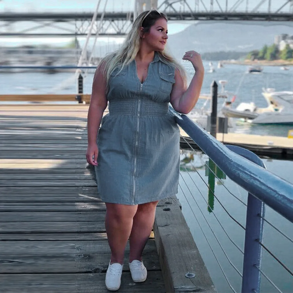 dress women summer Casual ladies dresses large sizes Solid V-Neck Sleeveless Zip Up Casual Denim Dress Mini Jeans Dress L0327