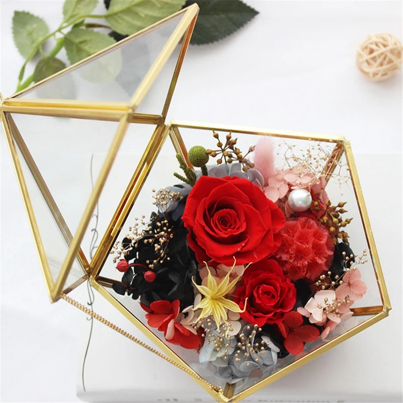 Glass Ring Box Wedding Jewelry Case Immortal Flower Glass Cover Creative Home Decoration