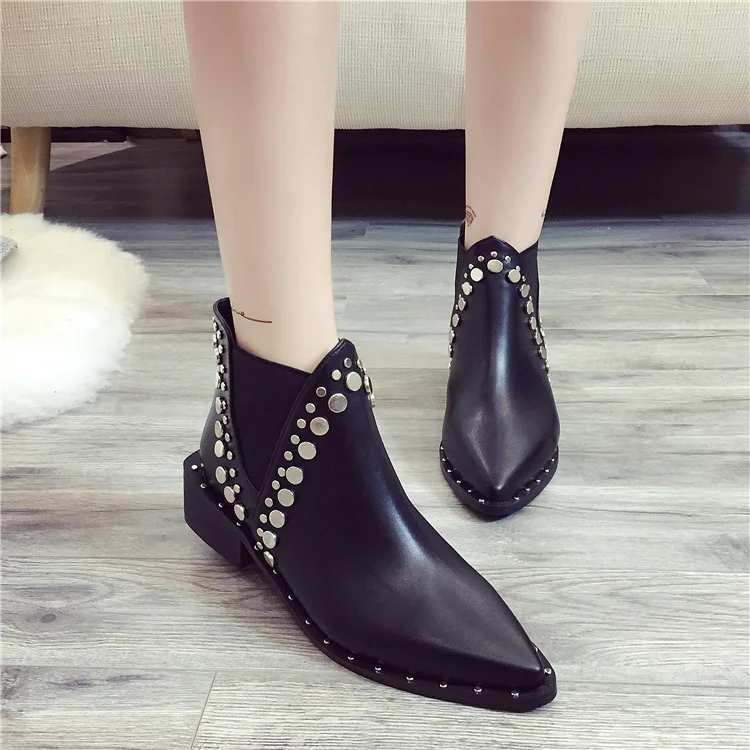 SWYIVY chelsea boots woman rivet pointed toe autumn 2018 new female motorcycle ankle boots thich low heel ladies martin boots 40