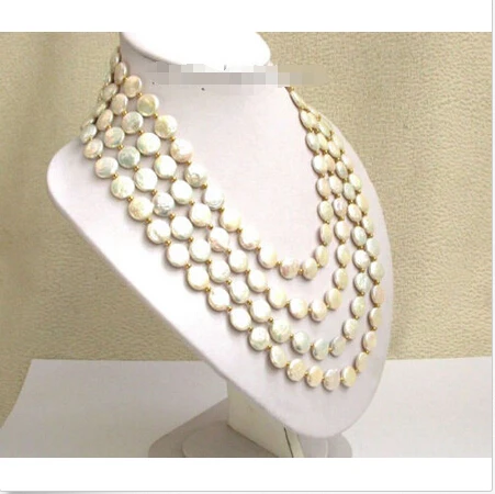 

Free shipping >>>>>>Genuine 4ROWS 12mm 18" white round coin Pearls Necklace 925ss j927