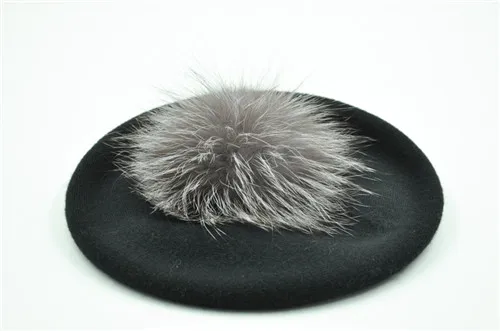 Для женщин Сплошной шерстяной берет милые зимние куртки теплая шерсть Смеси Шапка-бини шапка, женские шапки с меховым бомбоном лыжные береты шляпа - Цвет: Black silver fox