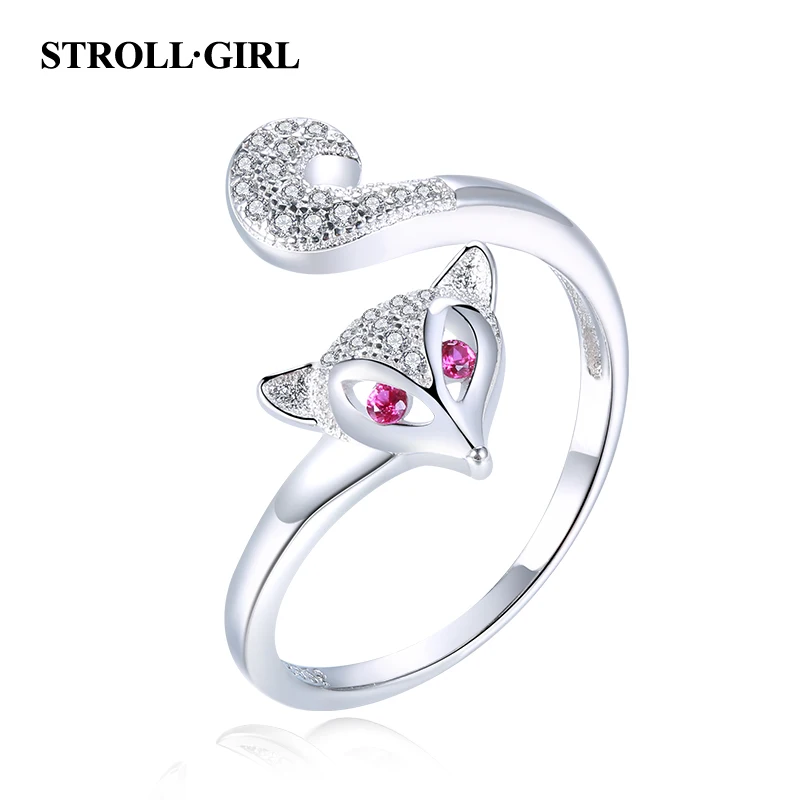 

Strollgirl 100% Dazzling 925 Sterling Silver Vintage rings Lovely Fox Finger Ring for Women Fashion Jewelry Valentine's Day Gift