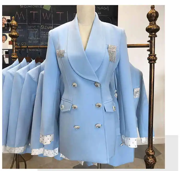 Bling синий пиджаки для женщин для роскошные бизнес офисные пиджаки бисер Sleve 2018 новое пальто кристаллы два Брестед LT256S50