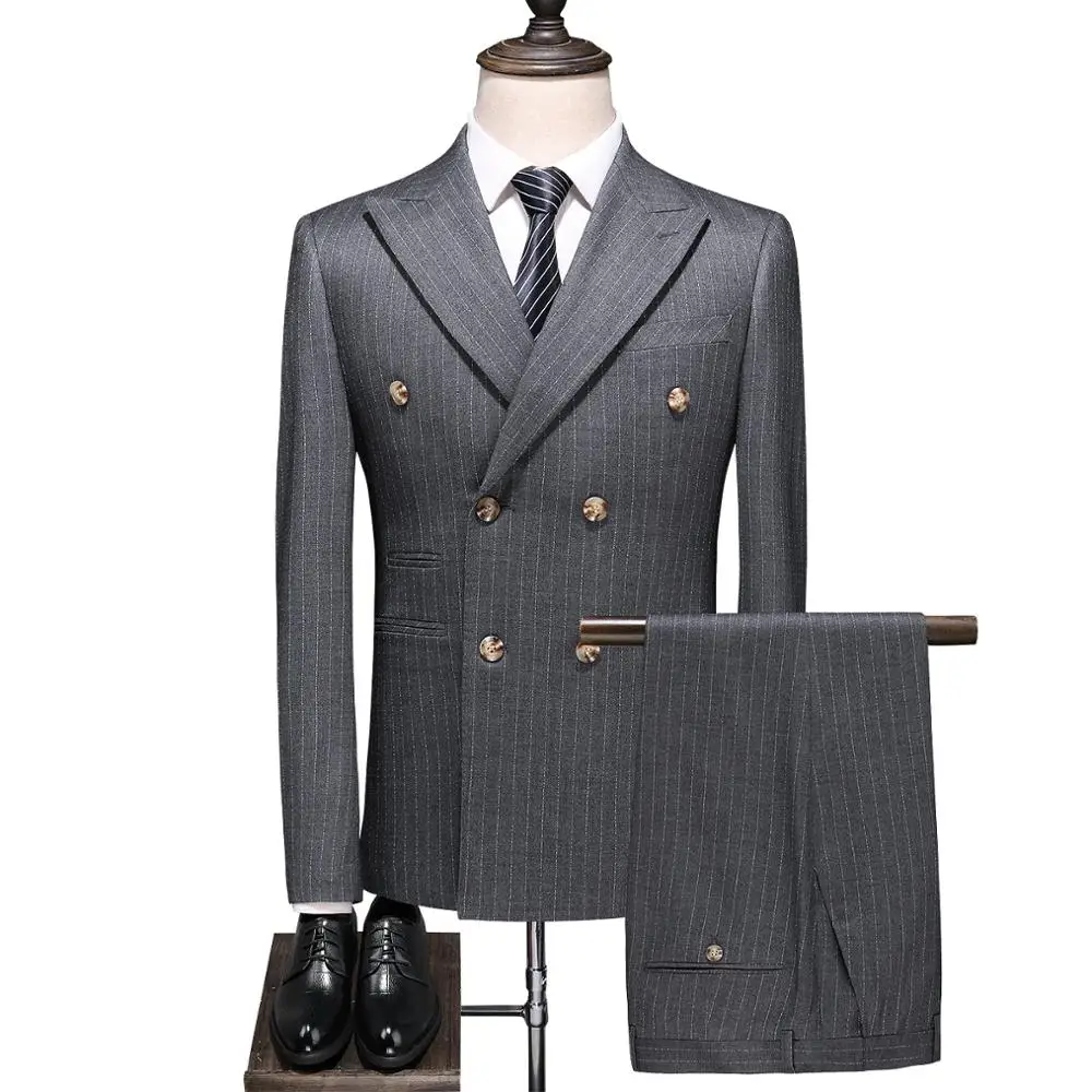 

Asian size striped 3 piece suits men 2019 Double Breasted print slim fit suit for men Streetwear business blazer pants plus size
