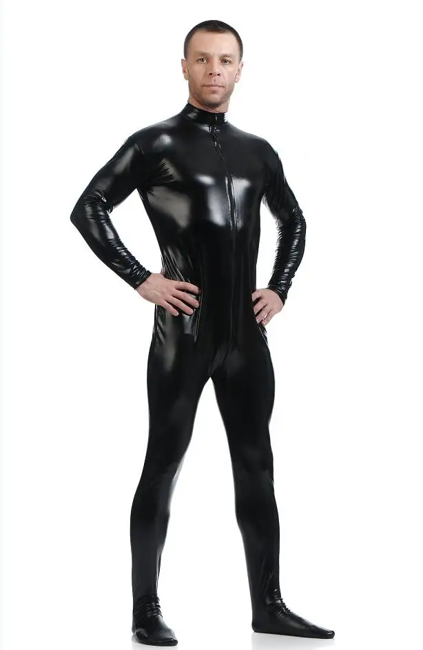 Cosplay&ware Ensnovo Men Latex Suit Black Shiny Metallic Tights Gold Zentai Full Body Unitard Custom Skin Bodysuit Zipper Front -Zentai shop online