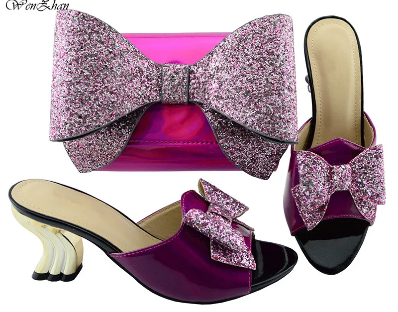 

Latest Shoes and Bag Set In Fuchsia Italy Design Women Shoes 7cm and Bag Set with Big Bow style WENZHAN Fashion modern B85-15