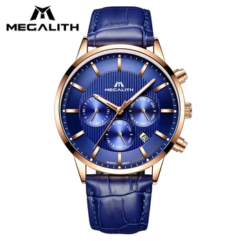 

MEGALITH Men's Watch Waterproof Chronograph Blue Genuine Leather Watch Calendar Quartz Wrist Watch For Men Clock Horloges Mannen