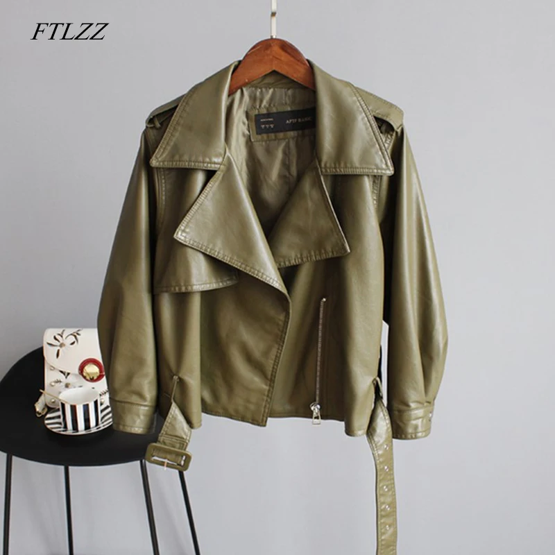 

FTLZZ New Autumn Pu Motorcycle Faux Soft Leather Women Jacket Coat Turn-down Collar Long Sleeve Epaule Female Loose Short Jacket
