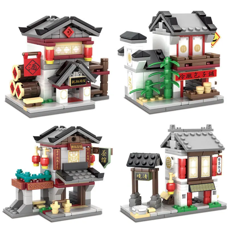 

4In1 Chinese Ancient Architectural Style Chinatown Collection Series Building Block Compatible Legoings Toy For Kid Holiday Gift