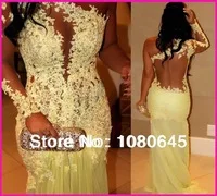 Sexy Yellow Lace Backless One Shoulder Long Sleeve Mermaid Prom Evening Dress Gowns Applique A241