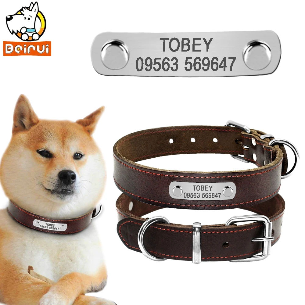 Customized Dog Collar Genuine Leather Personalized Adjustable Dogs ID Collars Anti Lost For